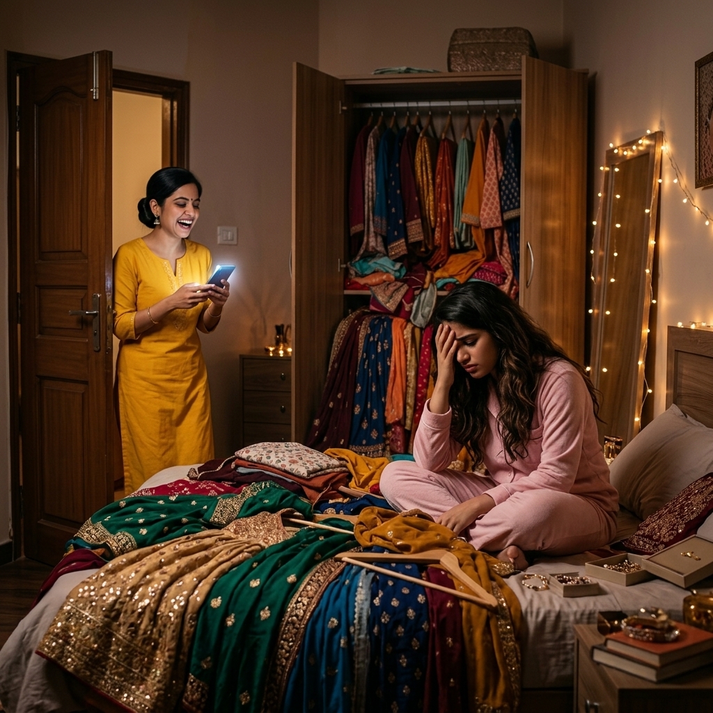 दो दोस्त — एक उदास बिस्तर पर, दूसरी दरवाज़े पर आत्मविश्वास से फ़ोन थामे