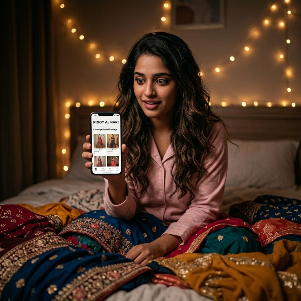 दो हाथ Piggy Almari app पर lehenga देख रहे हैं