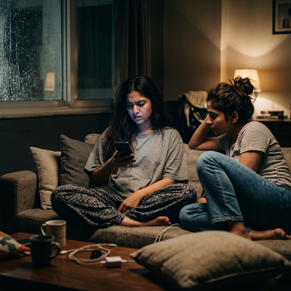 Girl in oversized pajama t-shirt looking at Bollywood brides on smartphone