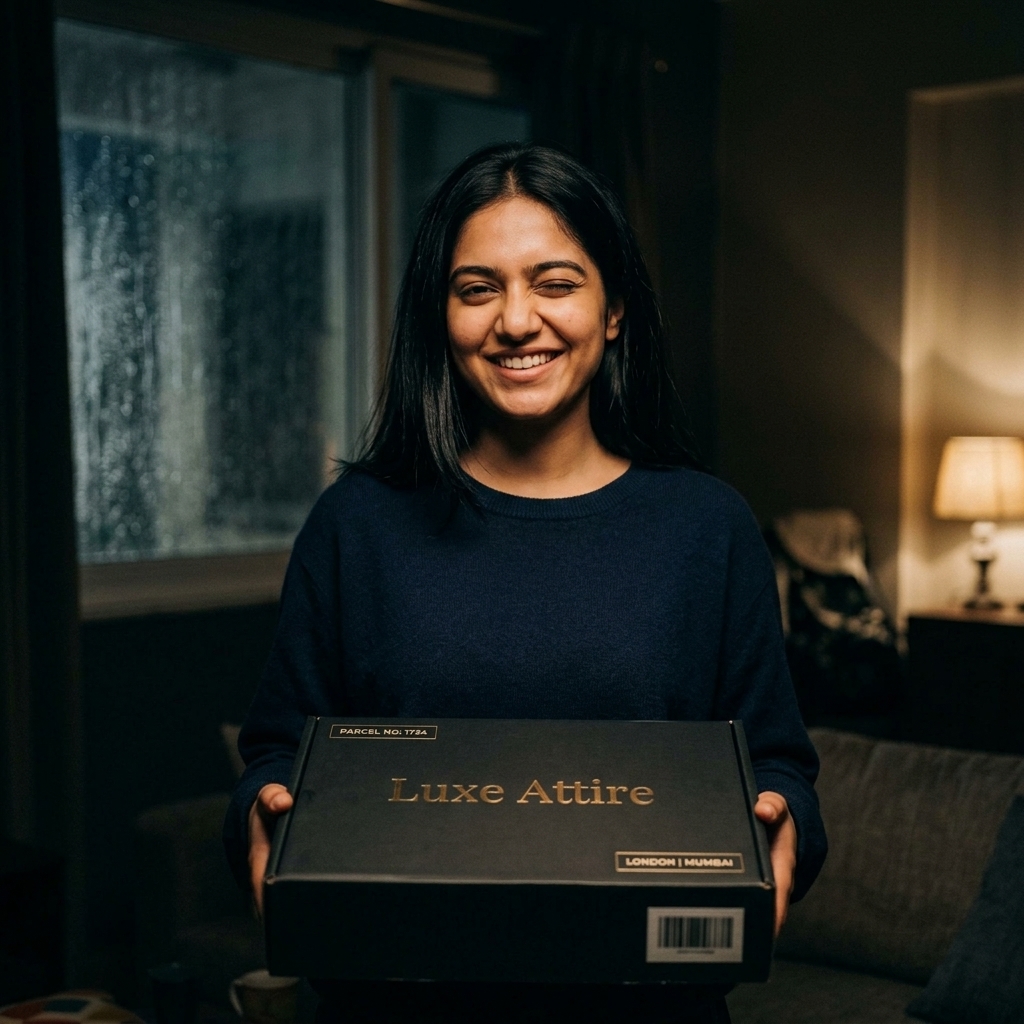 Girl winking and holding a premium Piggy Almari delivery box
