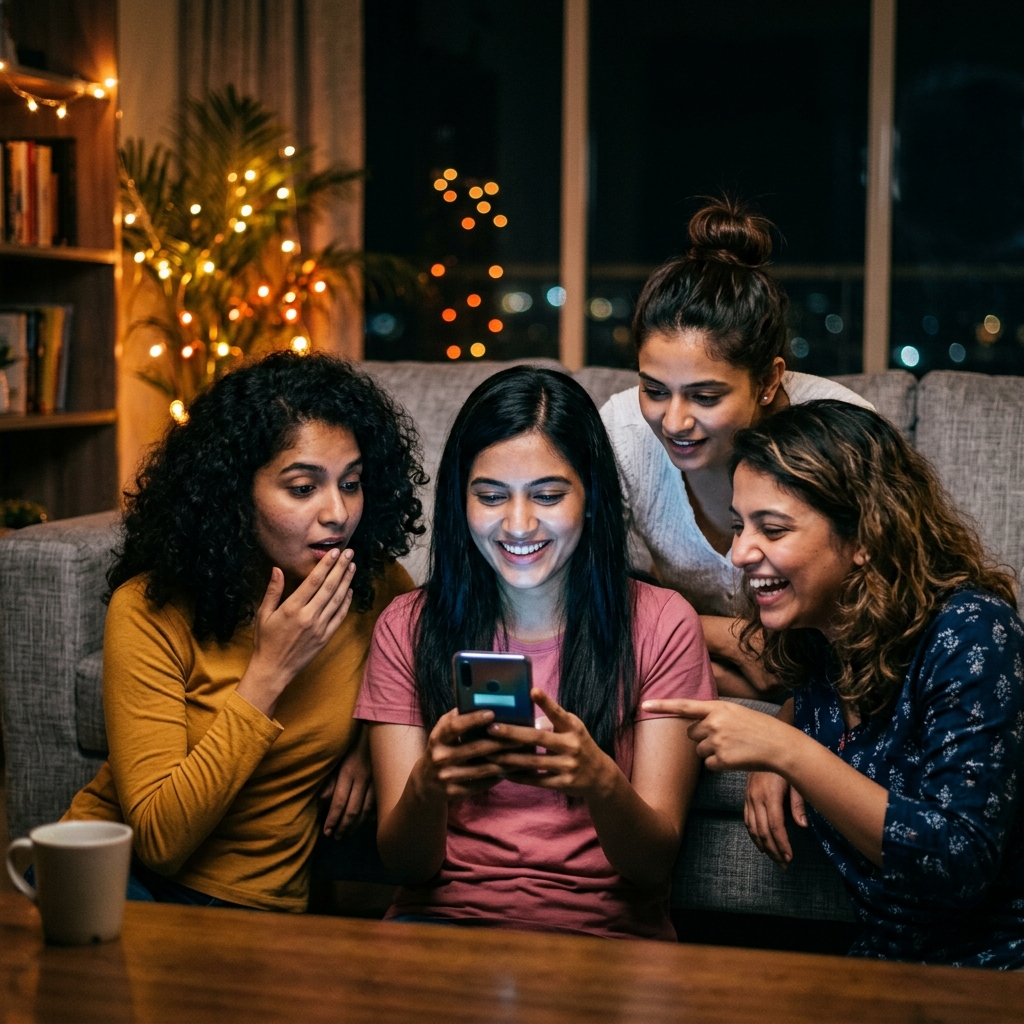 Group of 4 Indian girls excitedly looking at a glowing phone screen together on a sofa