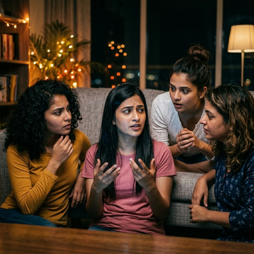 Girls having an important conversation about bridesmaids outfit budget and planning