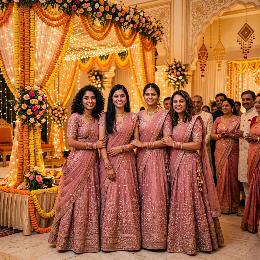 The full bridesmaids squad at the actual wedding mandap, looking stunning and coordinated