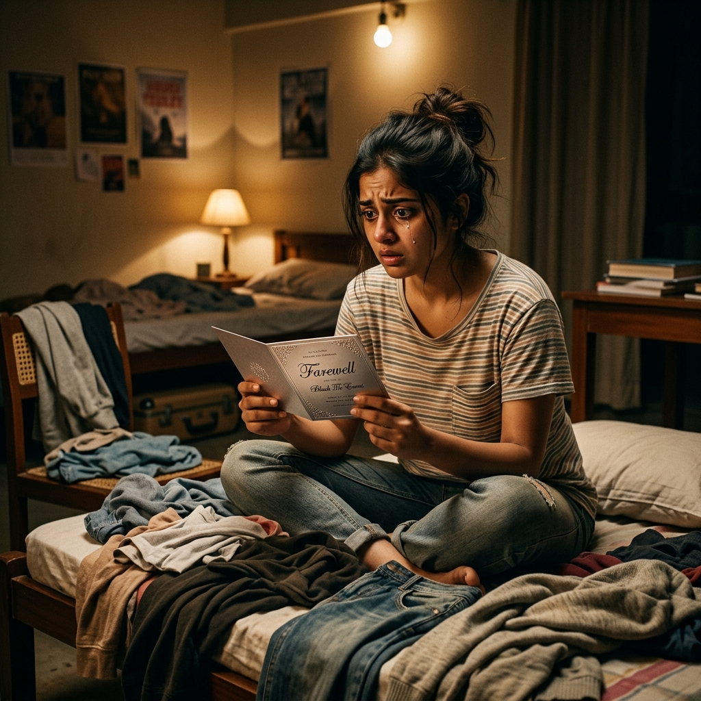 College girl stressed in hostel room, surrounded by casual tees and jeans, holding farewell invite