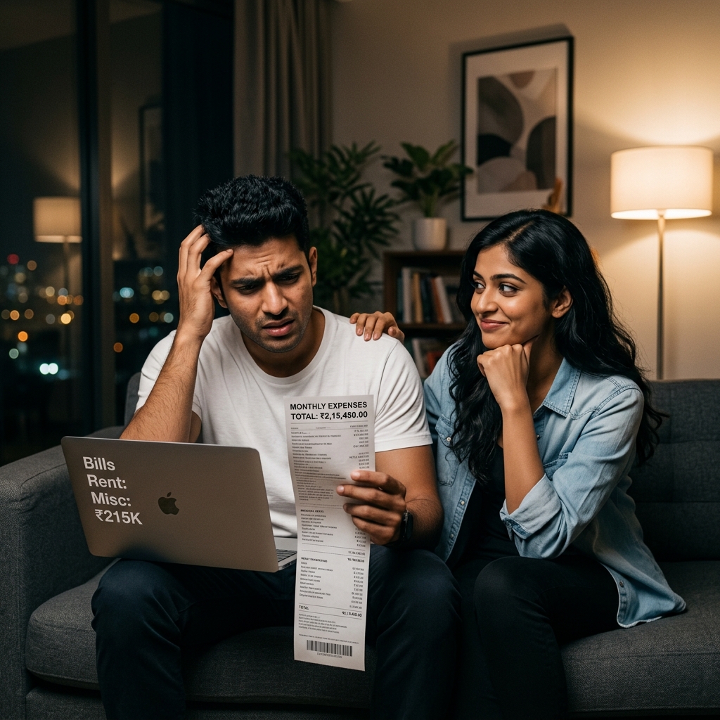 Stressed young Indian boy looking at a long bill while sitting with his fiancée
