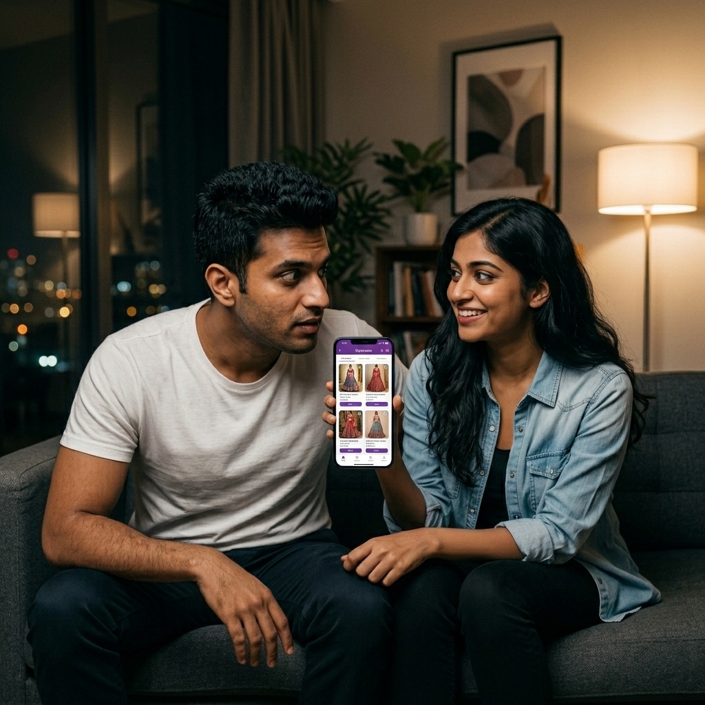 Smiling girl showing her phone screen a solution to the confused boy