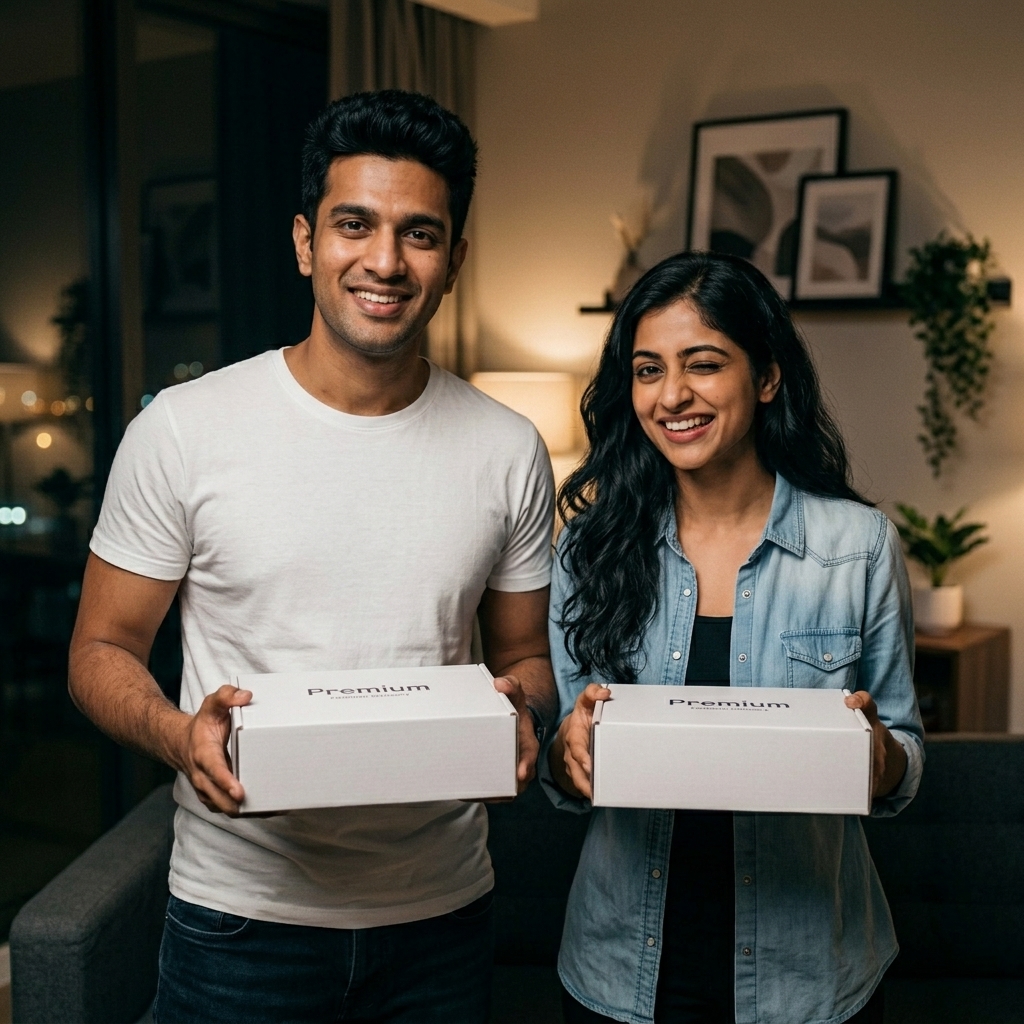 The couple smiling happily and holding elegant Piggy Almari delivery boxes