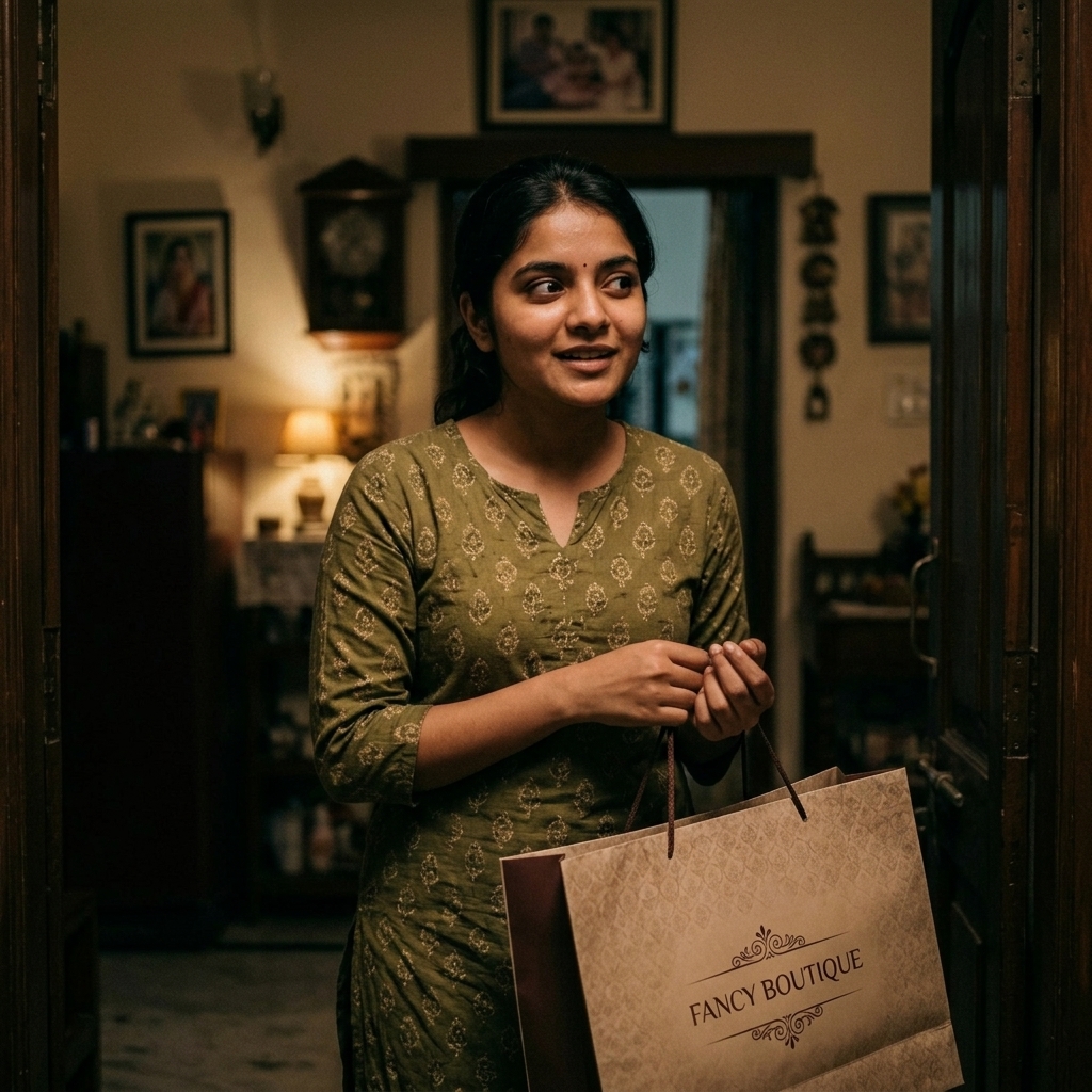 लड़की डिज़ाइनर बुटीक का शॉपिंग बैग हाथ में लेकर घर में घुसती है