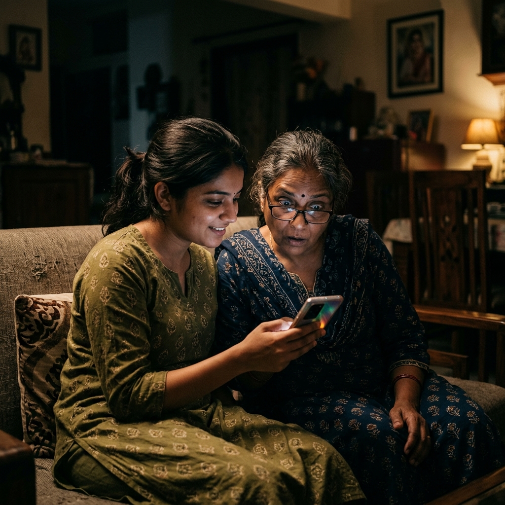 लड़की मम्मी को Piggy Almari app दिखा रही है