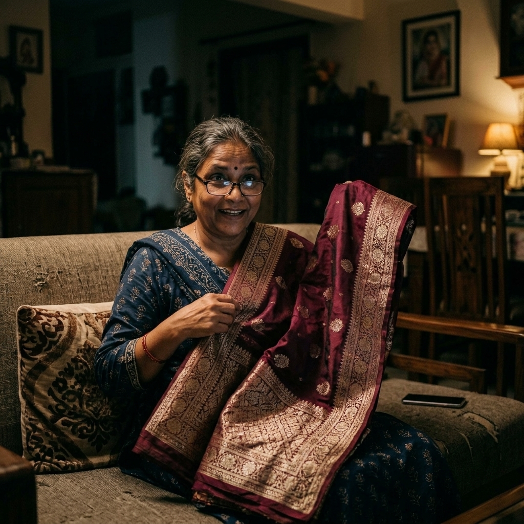 मम्मी अपनी पुरानी बनारसी साड़ी को प्यार से देख रही हैं