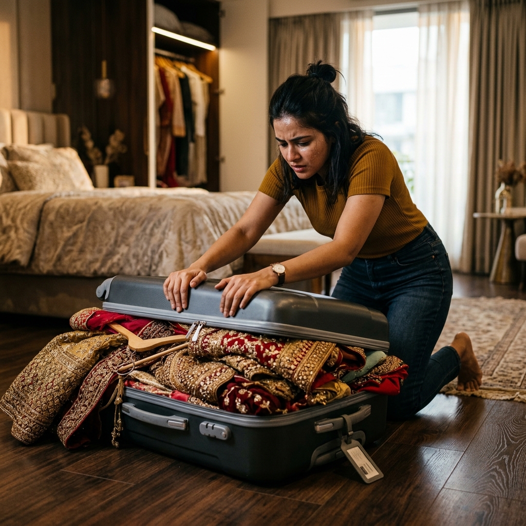 Indian woman struggling to close an overstuffed suitcase full of designer lehengas