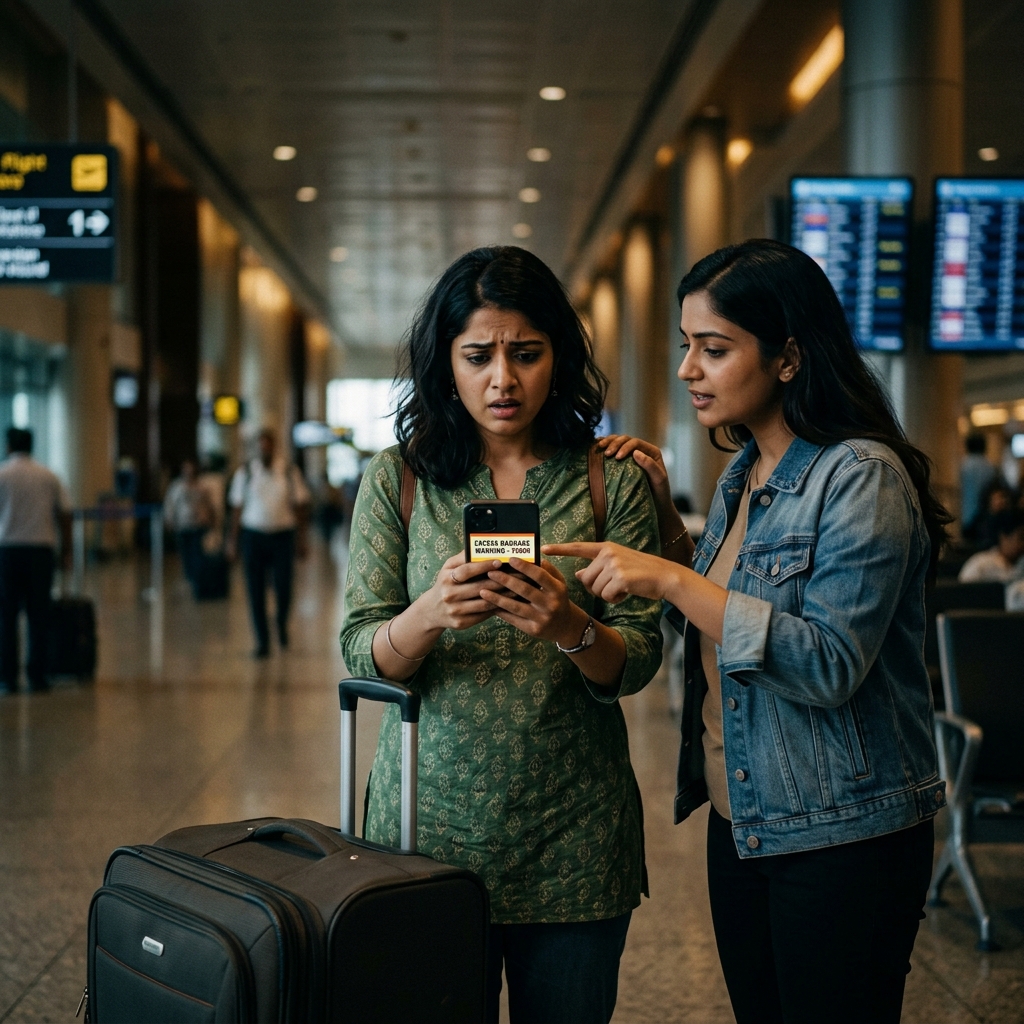 Woman looking shocked at her phone showing 5000 excess baggage fee at airport