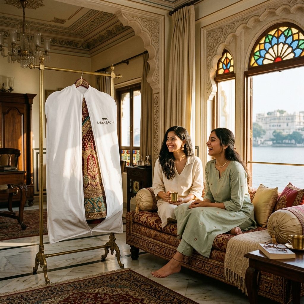 Two friends relaxing in a luxury Udaipur resort suite, beautiful rented designer lehenga hanging in background