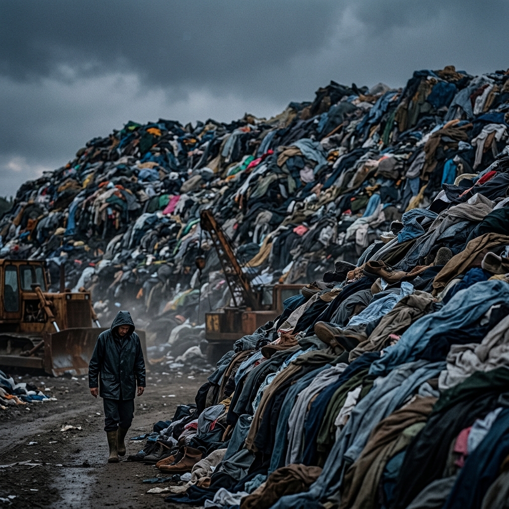 A massive mountain of textile clothing waste inside a landfill