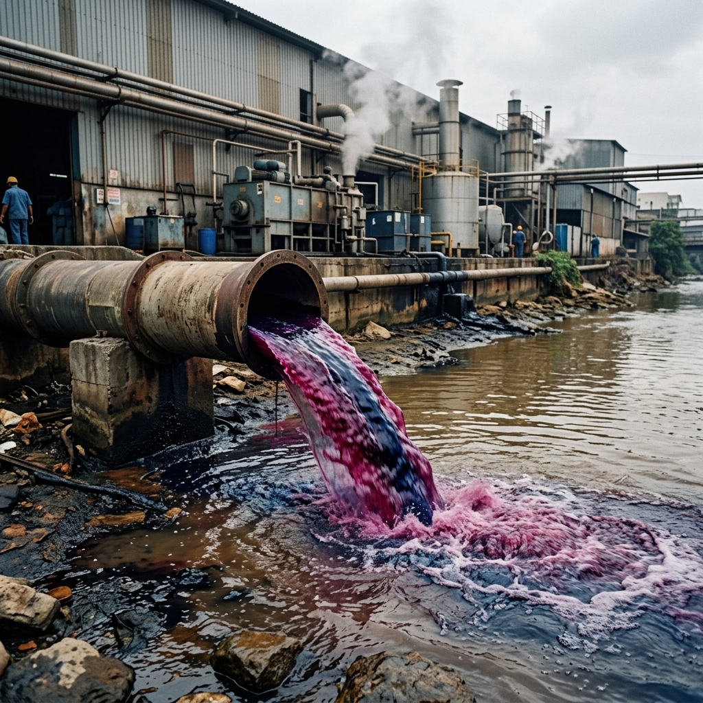 Polluted water from garment dyeing factory flowing into a river