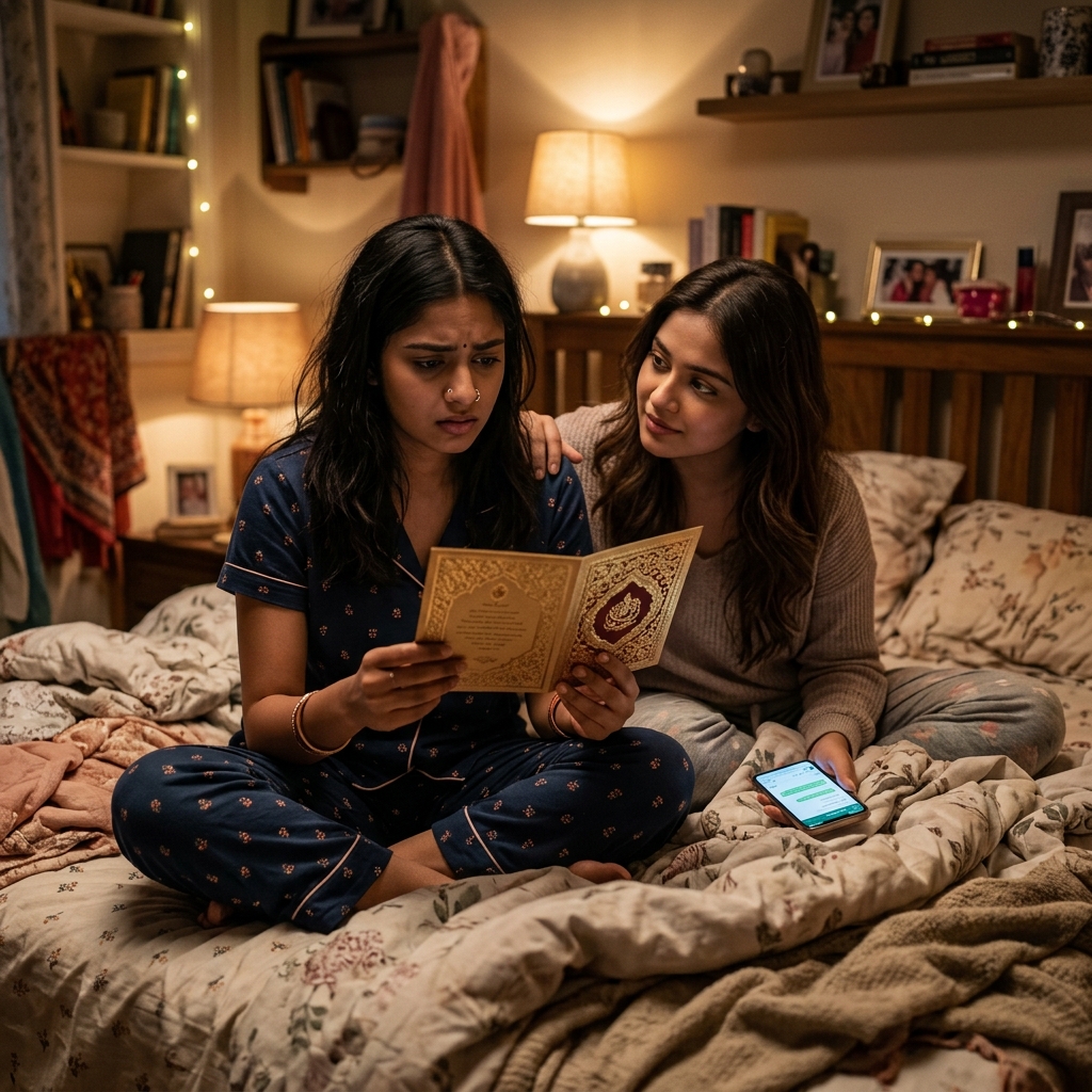 Anxious Indian girl holding a wedding invitation with her supportive friend