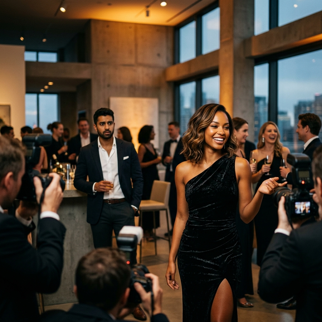 Gorgeous girl posing in a black gown while her ex looks completely stunned and regretful in the background