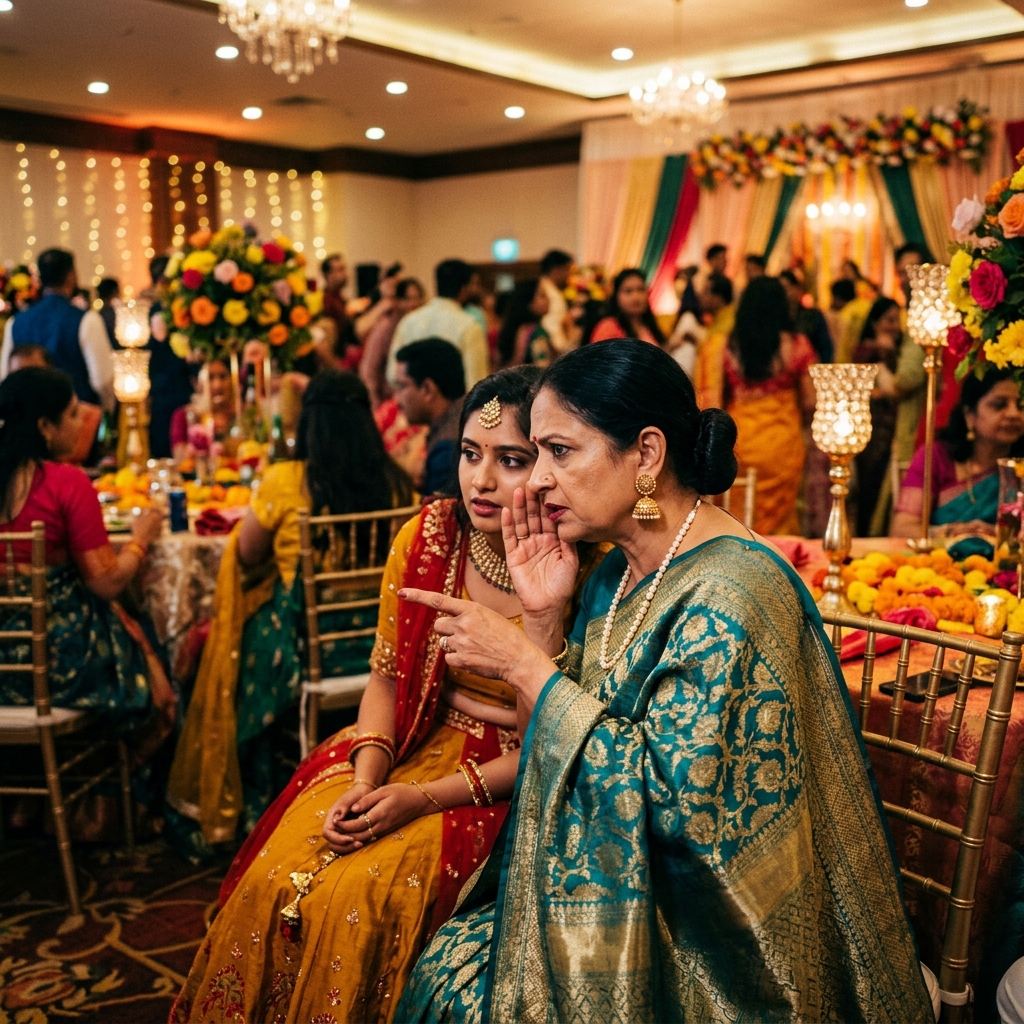 A judgmental Indian Aunty gossiping at a wedding function