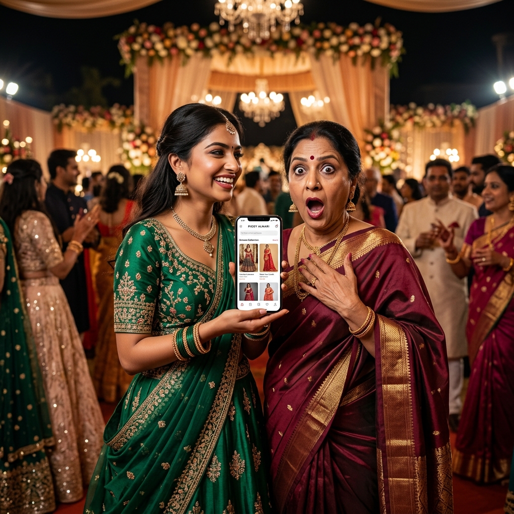 Girl smiling and showing Piggy Almari rental app to shocked Aunty