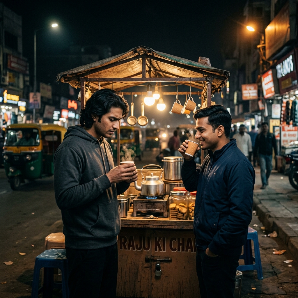 Two Indian men standing at a chai tapri at night, one looking stressed