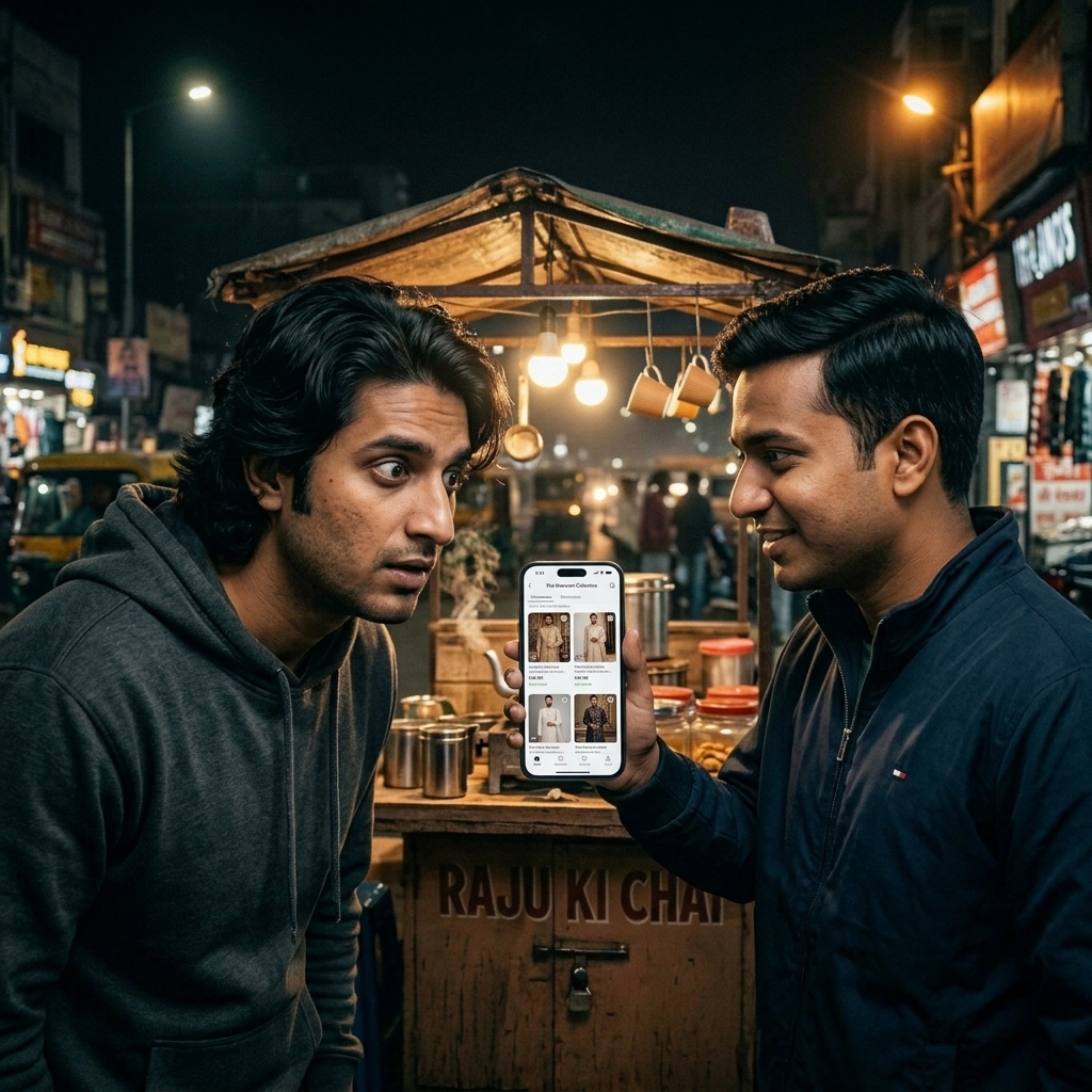 Boy 2 showing Piggy Almari app on his phone to stressed Boy 1 at chai tapri