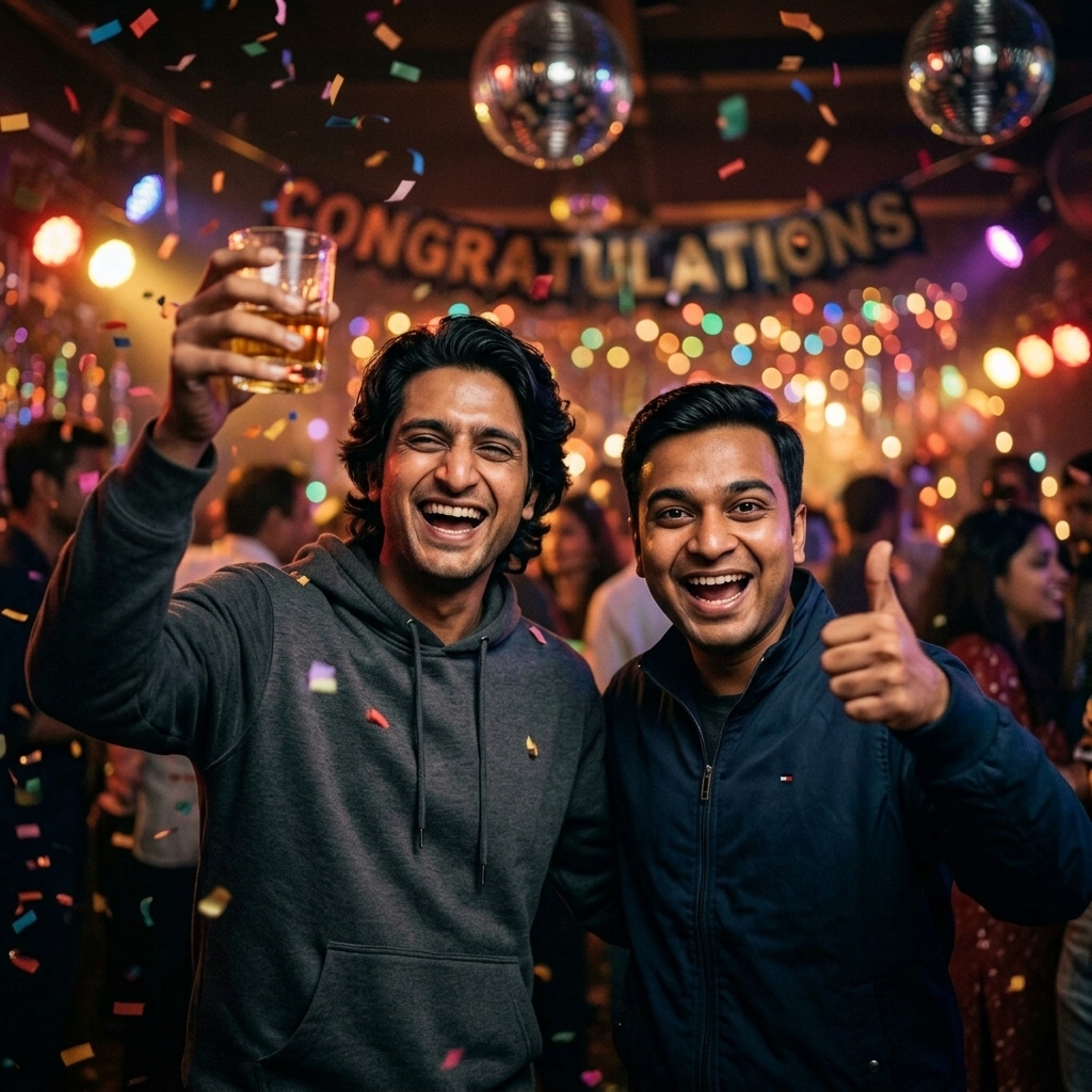 Both boys celebrating at the wedding party looking sharp and happy
