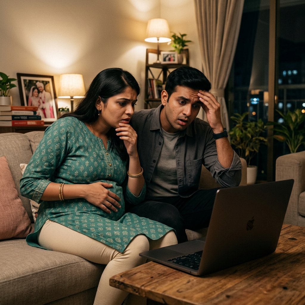 Stressed pregnant woman and husband looking at expensive maternity clothes online