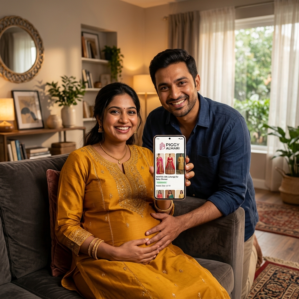 Relieved pregnant woman and husband looking at Piggy Almari rental app