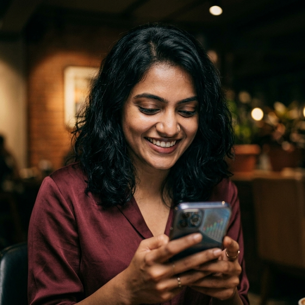 Girl holding a glowing phone displaying a bank credit notification