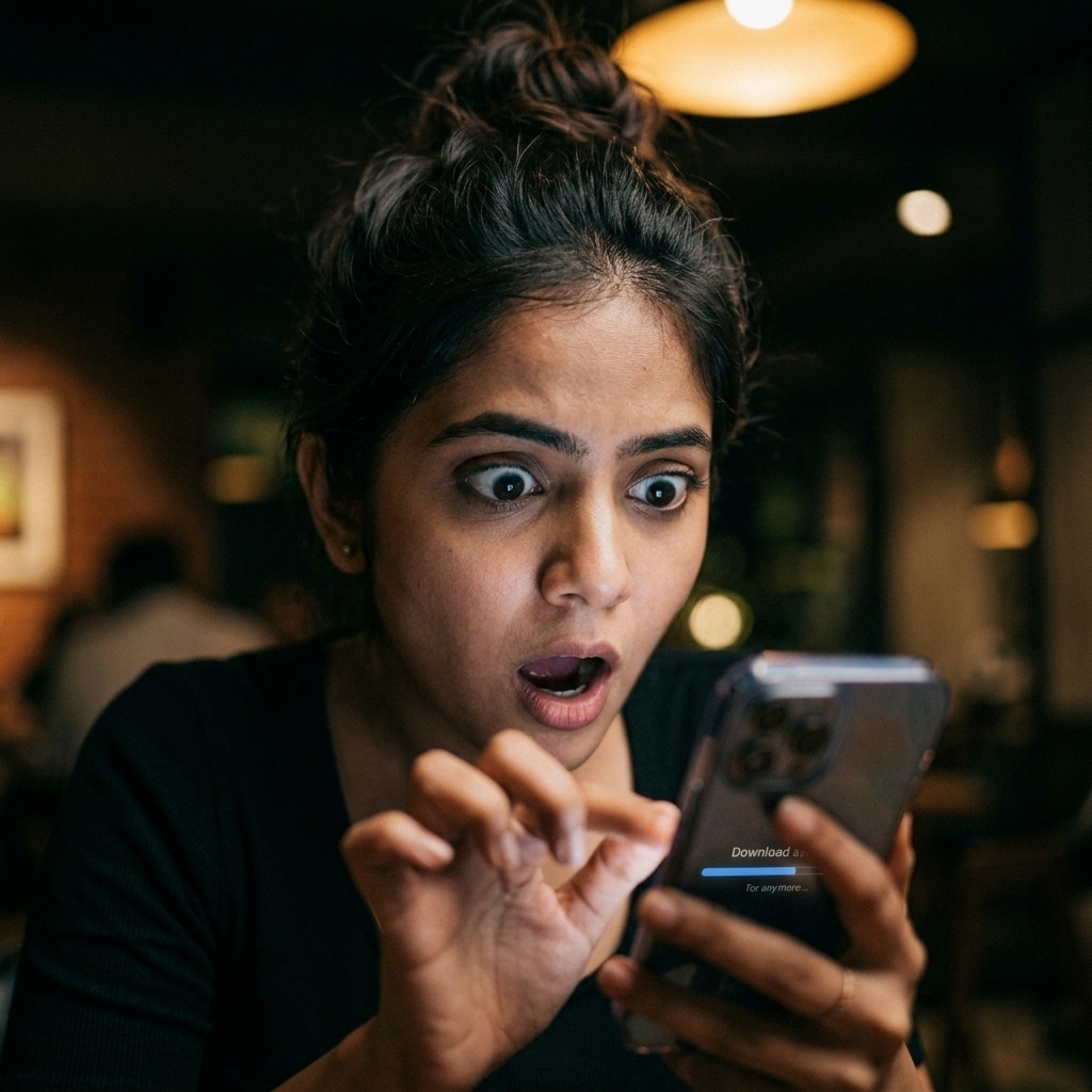 Friend aggressively downloading an app on her phone in shock