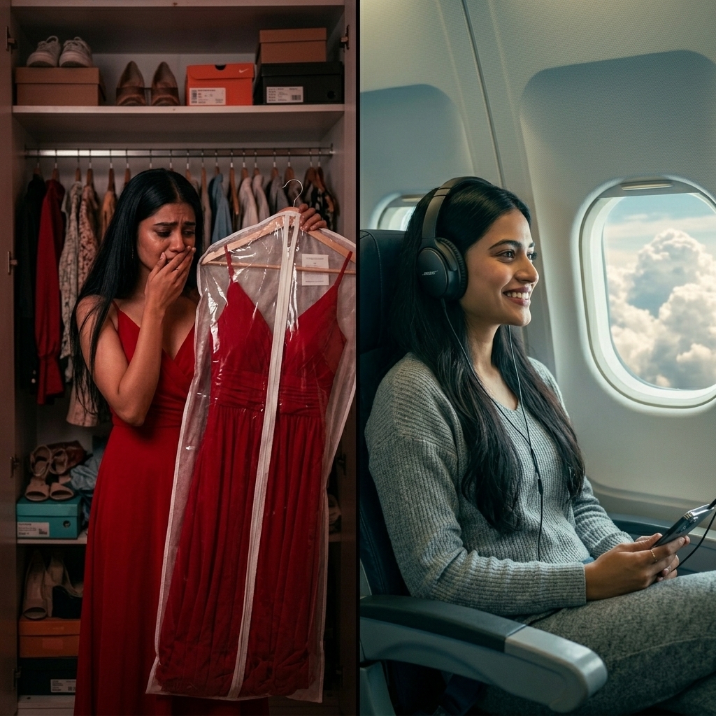 Show-off girl looking regretful staring at expensive dress in wardrobe, Smart girl flying in an airplane