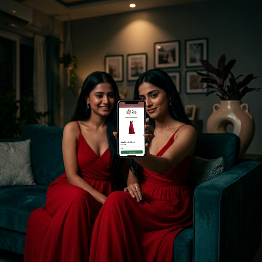 Smart girl showing Piggy Almari app to show-off friend, explaining rent vs buy savings