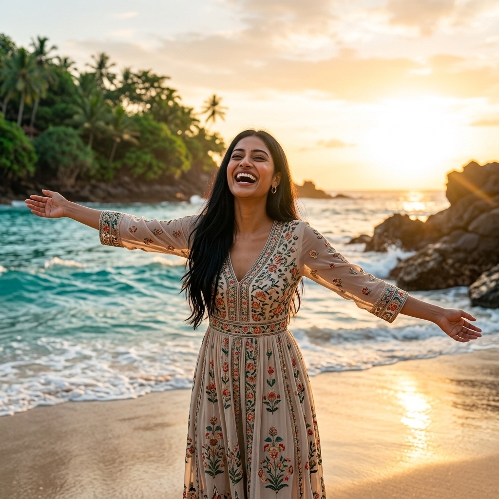 Smart girl at a beautiful travel destination, happy and glowing, while show-off girl looks on enviously